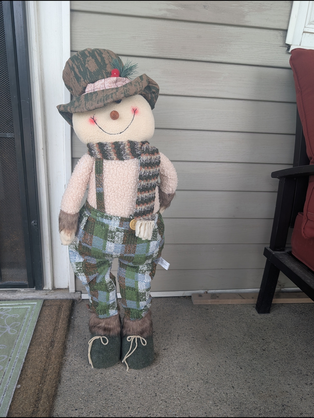 Plaid Patchwork Snowman Décor with Green Hat & Scarf